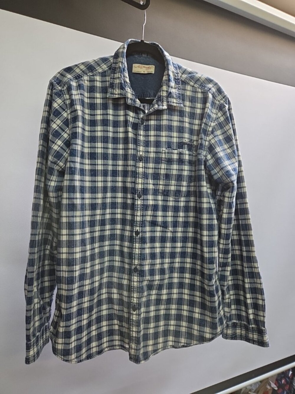 NWT Ed Hardy Men’s Shirt XL Blue Plaid Check Embroidered Signature Y2K